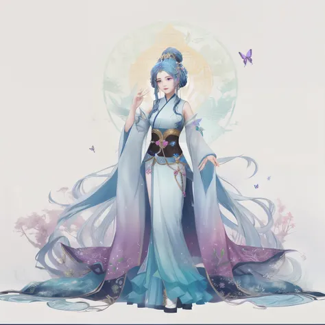 Close-up of a woman wearing a butterfly skirt, beautiful fantasy queen, ((beautiful fantasy queen)), full body xianxia, xianxia fantasy, Ethereal animation, Beautiful full body concept art, inspired by trees, Inspired by Leng Mei, palace ， A girl wearing H...