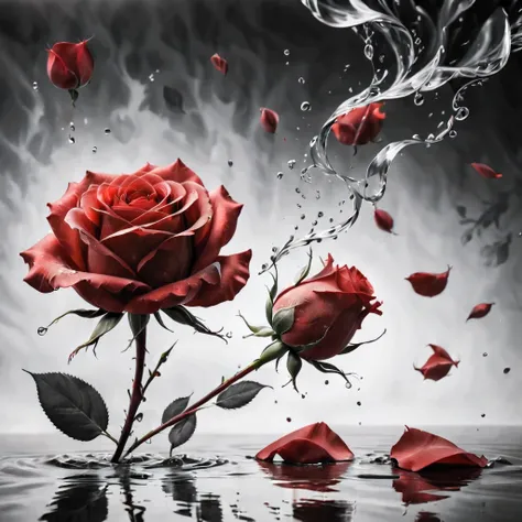 ((selective color)), drawing of delicate red rose petals floating by the winds, smooth lines, fine art piece, express expression...