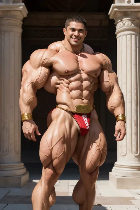 (((Spartacus the Gladiator))), ancient Roman background, (((((bodybuilder))))), a cute guy, 25 years old handsome guy, smile, short hair, bikini brief, (((very muscular body, vascularity, veins))), upper-body portrait, upper-body Image, real man, (barefeet...