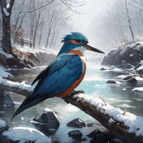 A painting of a bird perched on a branch of a snowy river, detailed painting 4k, 8K high quality detailed art, Detailed art in 4K, 4K high-definition digital art, by Kelenbeit, 4K detailed digital art, Kasemi, Beautiful art UHD 4K, Amazing artwork in 8K, H...