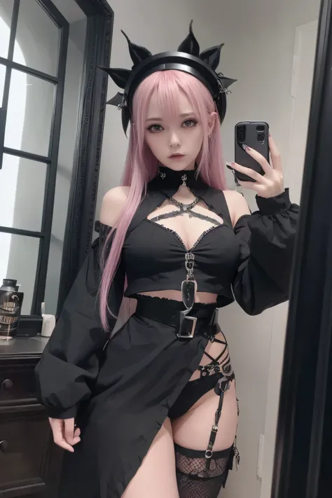 (A 20-year-old goth girl with pink hair is taking a selfie in front of a mirror), (gothic, gothic aesthetic, cybergoth, goth subculture), (dark, edgy, alternative style, goth girl), (cyber punk setting, post-apocalyptic, darkwave), (moody, mysterious, Vict...