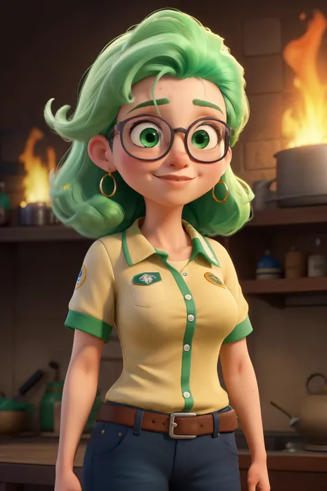 ((melhor qualidade)), ((obra de arte)), (detalhado), rosto perfeito, mulher, idade 50 anos, cabelos loiros, olhos castanhos, oculos redondo, uniforme verde e amarelo de postode combustivel 