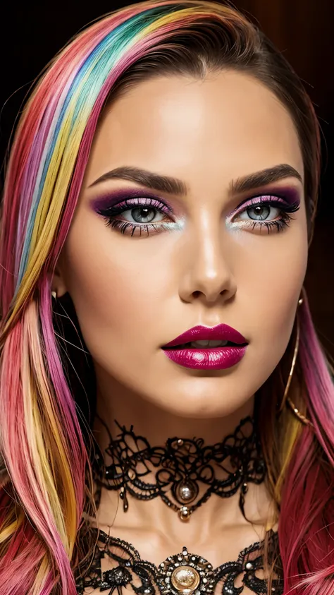 colorful make-up, colorful lipstick, colorful hair, detailed face, detailed lips, detailed eyes,