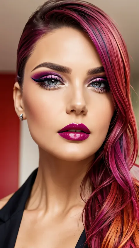 colorful make-up, colorful lipstick, colorful hair, detailed face, detailed lips, detailed eyes,