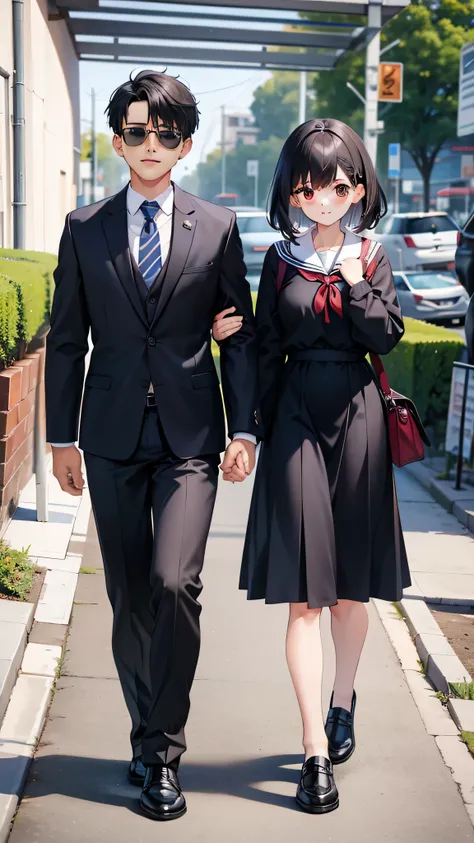 1,A man and a woman walk hand in hand.
2,The woman is a high school delinquent, longos cabelos pretos, mini-saia, uniforme usado folgado, sem oculos.
3,The man is a teacher in a suit, black hair and disheveled head.
4,O local fica no caminho para a escola.