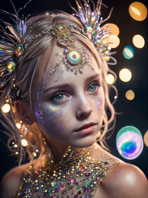 (Realistic:1.2), Photorealistic, highly detailed, full-body image of girl with playful body manipulations, gazing into the camera, divine proportion. The setting is an magical cell background, filled with whimsical lighting and an iridescent ambiance. The ...