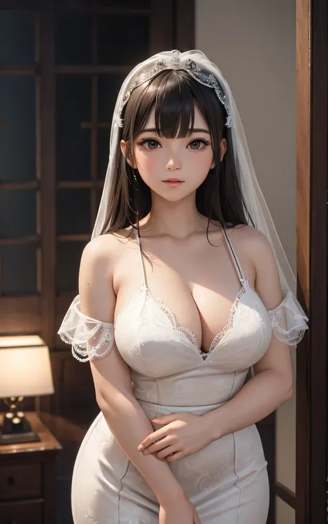 absurderes:2.0、(Blush、wedding veil:1.4, blunt bangs、full body)、japanese actress、solo, realistic, Unity 8K Wallpaper, Masterpiece, Realistic face, Realistic skin feeling ,detailed hair, highly detailed, realistic glistening skin, light makeup, (wedding dres...