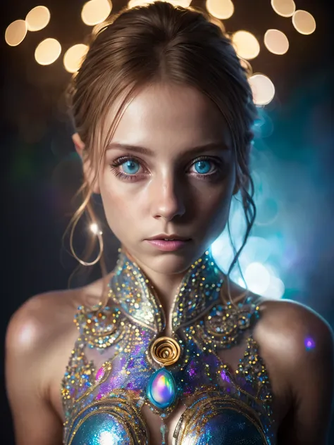 (Realistic:1.2), Photorealistic, highly detailed, full-body image of girl with playful body manipulations, gazing into the camera, divine proportion. The setting is an magical cell background, filled with whimsical lighting and an iridescent ambiance. The ...