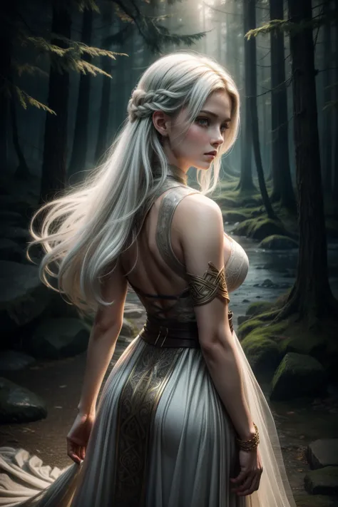 (masterpiece), (best quality), (ultra-detailed), (masterpiece:1.2), ((Hair: half black, half white)), (best quality), (ultra-detailed) Celtic Warrior Woman, Stone Ruins, Tall and Slender, Flowing Dress with Celtic Knot Jewelry, Procreate, Watercolor Techni...