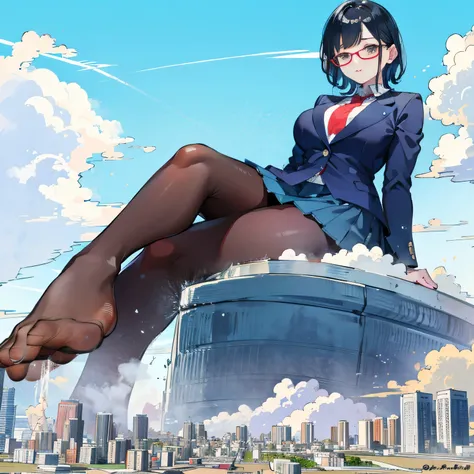 multiple girls, Giantの芸術, 非常に詳細なGiantショット, Giant, short hair, A high school girl who is much bigger than a skyscraper, wearing rimless glasses, big breasts, big ass, navy blazer, red tie, mini skirt, black pantyhose, pantyhose barefoot, Steam comes out fro...