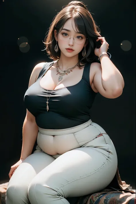 ((best quality)), ((masterpiece)), (detailed), perfect face, chubby woman, chubby face , chubby girl , widest hips , fat belly , thick neck ,, thicc , thick body , thick thighs , thick arm, small breasts but her body is a chubby, full body view, dark-black...