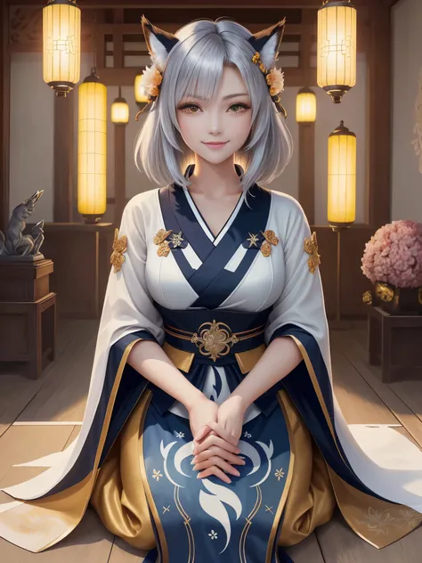 masterpiece , best quality,close up of face,smile,the whole body is facing forward,bright silver hair,brown eyes,sharp contrast,short hair,美しいフォルムのshort hair,just one person,precision quality,, masterpiece, japanese architectureの背景,beautiful details, color...