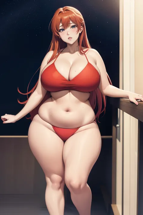 Full body portrait photo of anime bbw girl in red bikini with long hair and big breasts, very fat curvy body, wide waist and wide hips, round and beautiful face, very similar portrait of asuka langley Soryu, asuka langley, anime female characters, evangeli...