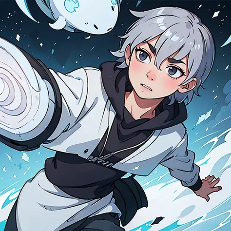 A gray-haired anime boy with a strange entity floating next to him 