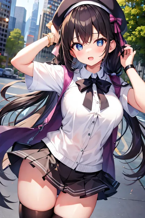 masterpiece、Highest image quality、ultra high resolution、big breasted 、twin tail hairstyle、black hair、red face、shyly、mock、Open your mouth just a little、Short-sleeved women&#39;s clothing that shows the chest、well-shaped chest、Girls Mini Skirt、girls thigh hi...