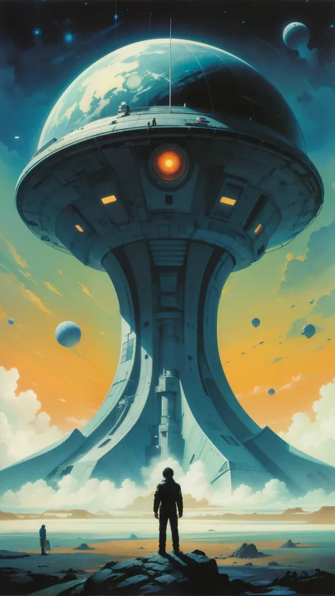 a painting of a man standing in front of a large alien spaceship, inspired by josan gonzalez, by yoshiyuki tomino, artist katsuhiro otomo, josan gonzales, art of katsuhiro otomo, inspired by yoshiyuki tomino, by otomo katsuhiro, kastuhiro otomo, katsuhiro ...