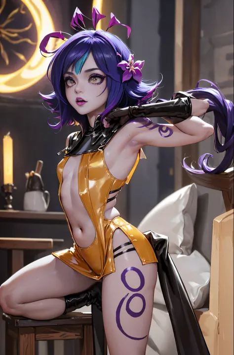 ((Cinematic light, Best quality, 8k, Masterpiece :1.3)), 1girl, Beautiful woman with thin abs :1.4, (purple hair, small breasts :1.3), rope panties, bra :1.2, hopefully falling, seductive open lips, sofa, ultra-detailed face, detailed eyes, double eyelidwo...