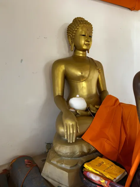 there is statue of a buddha sitting on a table, In the temple, Monk clothing, With yellow cloth, Buddhism, Buddhist monk, full body picture of a male monk, Buddhist monk meditating, Buddhist, Sukhothai set, standing in a Buddhist temple, Buddha, beautiful ...