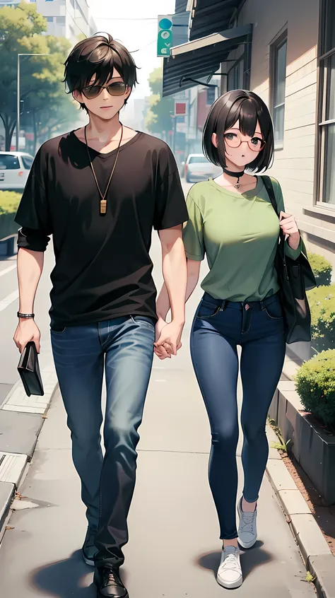 1, A man and a woman walk hand in hand.
2, The woman is a high school delinquent, short cabelo preto, blusa verde e short jeans, copos.
3, O homem camisa verde e jeans, cabelo preto, suncopos
4,The location is on the way to work.