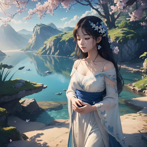 Masterpiece, best quality, (very detailed CG unity 8k wallpaper) (best quality), (best illustration), (best shadows) Nature&#39, blue sea,delicate leaves petals of various colors falling in the air light Tracking, super detailed 