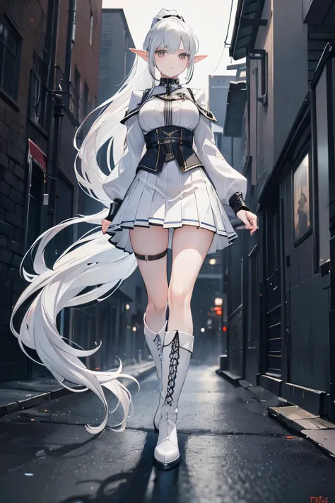 a full body portrait, hyperrealistic, cute young elf girl, long ponytail hair with bangs, silver hair, white corset, black pleated skirt, knee high boots, long white tactical coat, walking to the camera, in an empty dark alley at night, looking furious, ma...