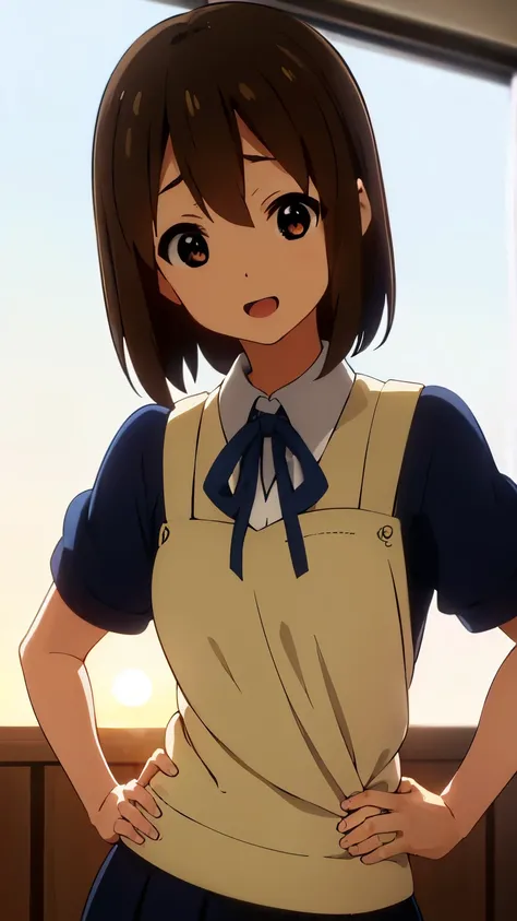 1girl, (((​masterpiece))), top-quality, top-quality, High Details, hirasawa yui, 1girl, Sakuragaoka High School Uniform, student clothes, maid cafe uniform, two-yellow hairpin, short hair, A brown-haired, brown-eyed, 独奏, reddish, thin blue ribbon, Solid wh...