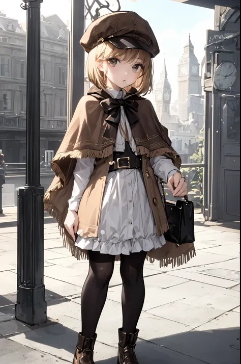 masterpiece, highest quality, 1 girl, newsboy, Are standing, Huge, brown headwear, short bob、brown capelet, London, have a cell phone