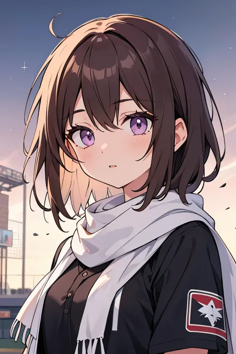 1 girl , short brown hair ,light purple eyes, black shirt , baseball wear, white scarf around the neck , 8k texture , super reso...