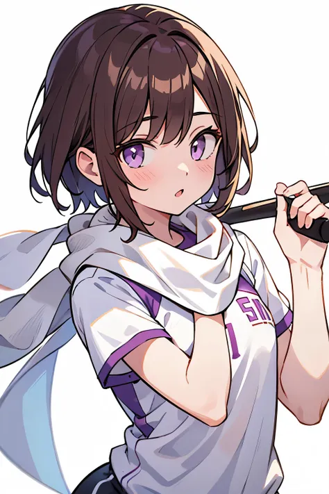 1 girl , short brown hair ,light purple eyes, jogging,white baseball shirt , baseball wear, white scarf around the neck , 8K texture , super resolution , looking at the viewer