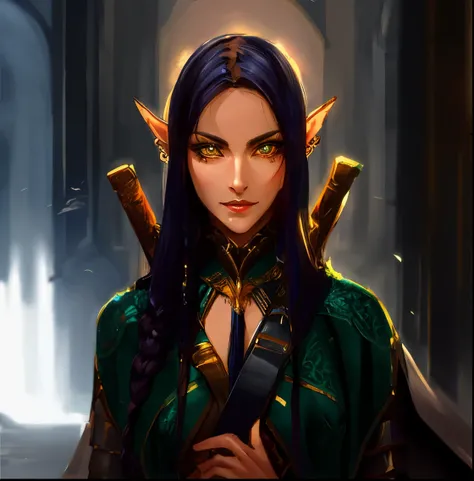 a close up of a elven woman princess maiden, dark hair elf with side-cut bangs, wearing detailed gotic leather armor, portrait of a female elf warlock, dark fantasy style art, fantasy concept art portrait, portrait of an elven warrior, in style of dark fan...