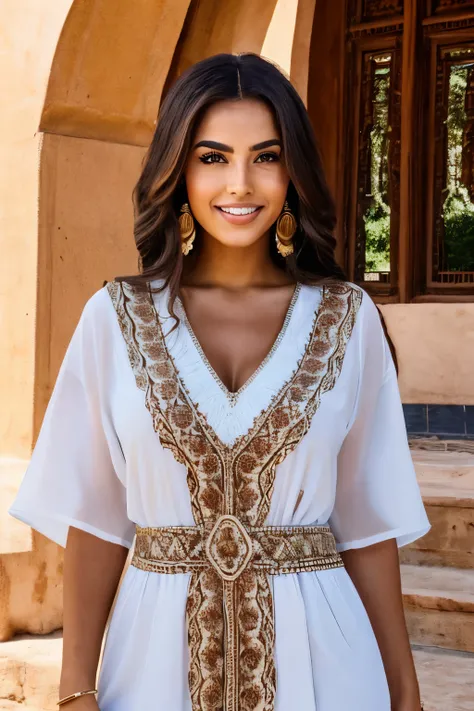 Moroccan woman with an oval face and slightly prominent cheekbones. She has light brown almond-shaped eyes and arched, thick chocolate brown eyebrowsand she has a radiant, sweet smile showcasing her good teeth. Her hair is long, thick, wavy, and chocolate ...