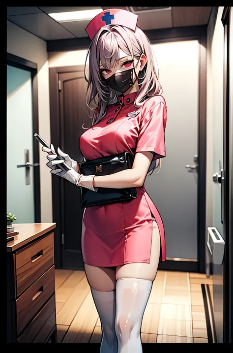 1 female, alone, nurse, nurse cap, white clothes, ((white legwear, zettai ryouiki)), white gloves, long hair, purple hair, red eyes, ((white surgical mask, covered nose)), Are standing, ((hospital room)), sharp outline, short sleeve, mature woman, 35 years...