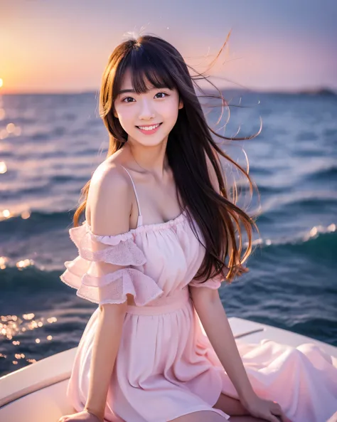 beautiful japanese girl, 17 years old, complex colored silver hair, long wavy hair, asymmetrical bangs, magic big eyes, Finely moisturized eyes, Smile, smooth soft skin, pale pink lips, Seaside at sunset, Beautiful transparent sea, Ankle-deep in the sea, W...