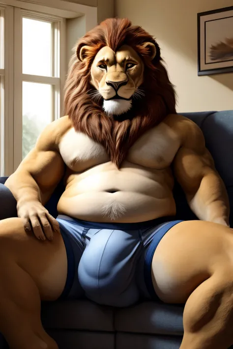 ((best quality)), ((masterpiece)), (detailed), perfect face, lion, sitting, open legs, big bulge, briefs, chubby, couch, house, smile