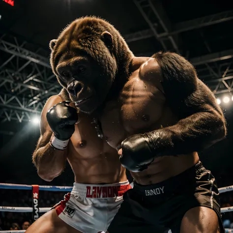 (a gorilla),(a polar bear) ,boxing outfit,gorilla wearing boxing gloves,polar bear wearing boxing gloves,fighting in a boxing ring,boxing match, intense fight, heavyweight bout, strong punches, powerful blows, fierce confrontation, intense competition, box...