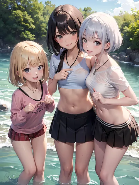 ((highest quality)), ((masterpiece)), (Cute baby girl), (3 girls:1.3), cute three girls are posing for a camera outdoors in the water, shirtをつかむ, stand in line, (Close-up shot from the knee:1.3), perfect face, smile, (open your mouth and smile:1.3), embarr...