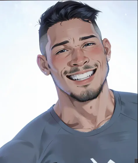 Create a cartoon-style, 2D, cut, illustration of a man with hair parted to the right, a goatee, smiling, very muscular, posing as a bodybuilder, shirtless, wearing black shorts and white sneakers. The background must be white.