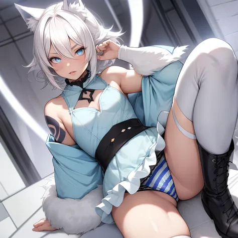 Single boy, Anime Femboy, Short, Long white hair, wolf ears, wolf tail, blue eyes, wearing a cute frilly pink dress, flat chest, super flat chest, wearing thigh high cute socks, wearing combat boots, solo femboy, only one femboy ((FLAT CHEST)) solo, alone,...