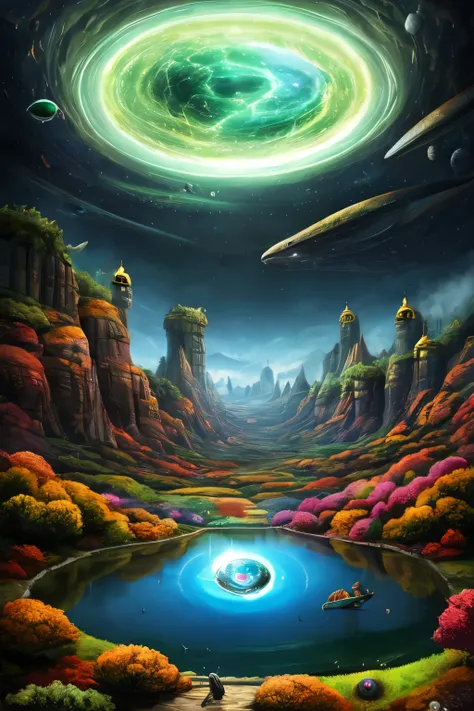 Multiverse landscape surrounded by creatures and portals