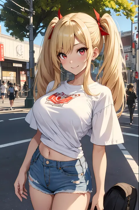 top quality、Best image quality、masterpiece、girl((30 years old、best tits、bust 90、blonde twintails、red eyes、open your chest wide、valley、happiness、slim、laugh,fitness)）high quality、beautiful art、background((Tokyo_distance))、table top、Elaborate Design、Visual ar...