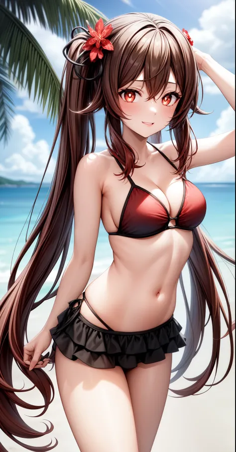 anime, beautiful face, highly detailed face, (2 accurate legs:1.0), red detailed eyes, flower pupils, highly detailed beach background, perfect lighting, best lighting, 1girl, solo, hu tao, genshin impact, outdoors, on the beach, (beautiful brown hair:1.2)...