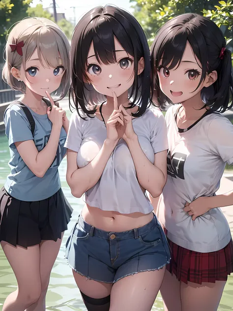 ((highest quality)), ((masterpiece)), (cute baby girl), (3 girls:1.3), cute three girls are posing for a camera outdoors in the ...