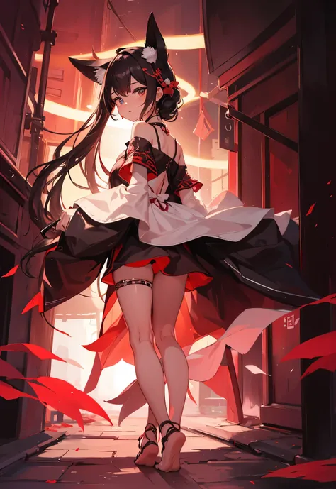 black long hair，barefoot，Leg wrap white long tube，red clothes，long legs