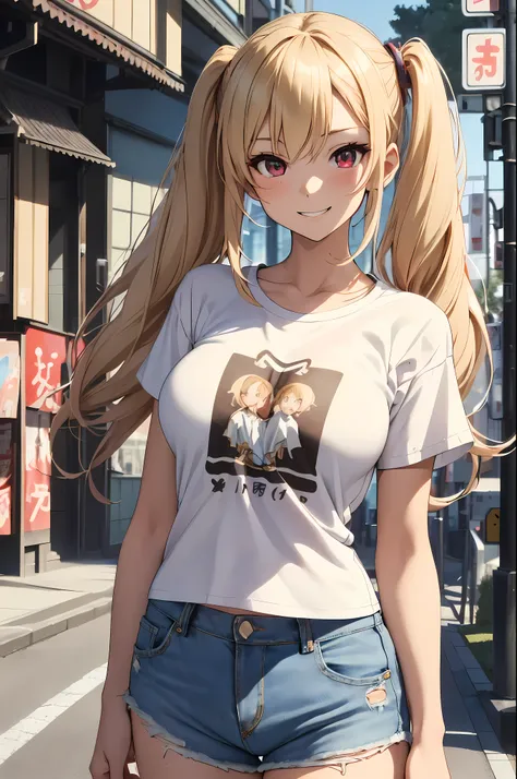 top quality、Best image quality、masterpiece、girl((30 years old、best tits、bust 90、blonde twintails、red eyes、open your chest wide、valley、happiness、slim、laugh,fitness)）high quality、beautiful art、background((Tokyo_distance))、table top、Elaborate Design、Visual ar...