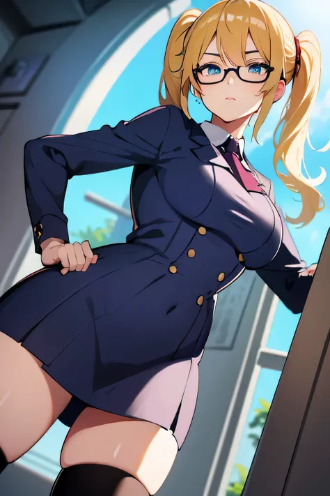 (Best quality, anime:1.37), Woman, standing tall in a professional office suit with a stern look, wear narrow-framed glasses, skirt, and stockings. She confidently crosses her arms over her chest.. The artwork is in the style of anime, beautifully convey e...