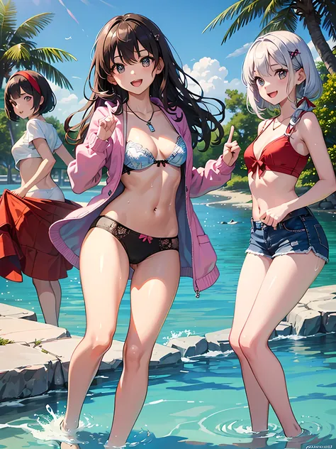 ((highest quality)), ((masterpiece)), (Cute baby girl), (3 girls:1.3), cute three girls are posing for a camera outdoors in the water, shirtをつかむ, stand in line, (Close-up shot from the knee:1.3), perfect face, smile, (open your mouth and smile:1.3), embarr...