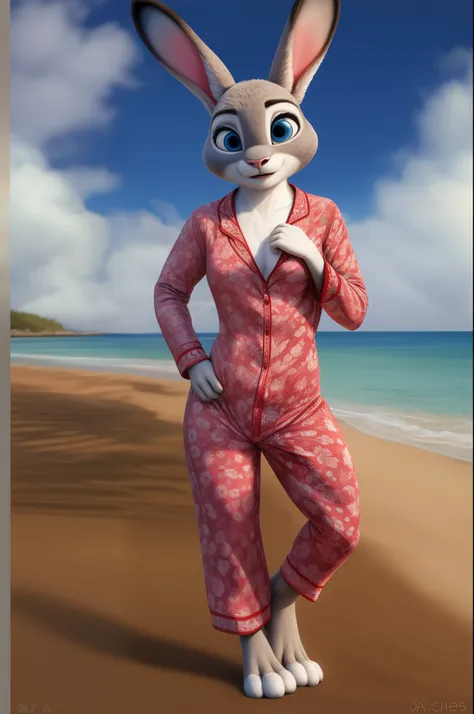 judy hopps,realistic fur,thick legs,thin hip,standing,bright blue eyes,beach,masterpiece,sexy womens pajamas dress,in love with the viewer,thin hip,Disney graphics and high-quality textures,
