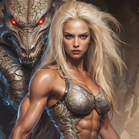 1 female alien, The predator, warrior, (extremely beautiful:1.2), (intense gaze:1.4), (predator:1.1), long dark claws, NSFW,  nipples, thick eyebrows, glowing and shining red eyes, the most beautiful face in the universe, platinum blonde,

A woman with an ...