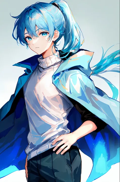 (((Ultra-HD-quality-details, relaxed))) emphasized-details:2, 1boy, turtleneck-sweater, pants, cloak, (((light-blue-hair, high-ponytail, light-blue-eyes)))