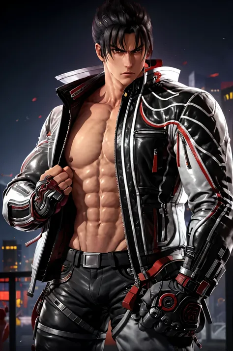 male focus, jin kazama, jacket, zipper, fighting stance, pants, fingerless gloves, shirt, boots, upper body masterpiece, best quality, absurdres,
